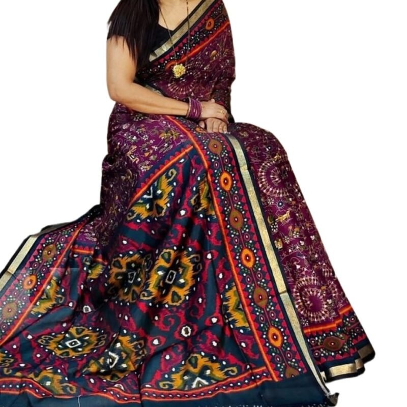 Women's Linen Printed Saree With Unstitched Blouse - 5.5 Mtr (Purple-Navy Blue) - Image 2