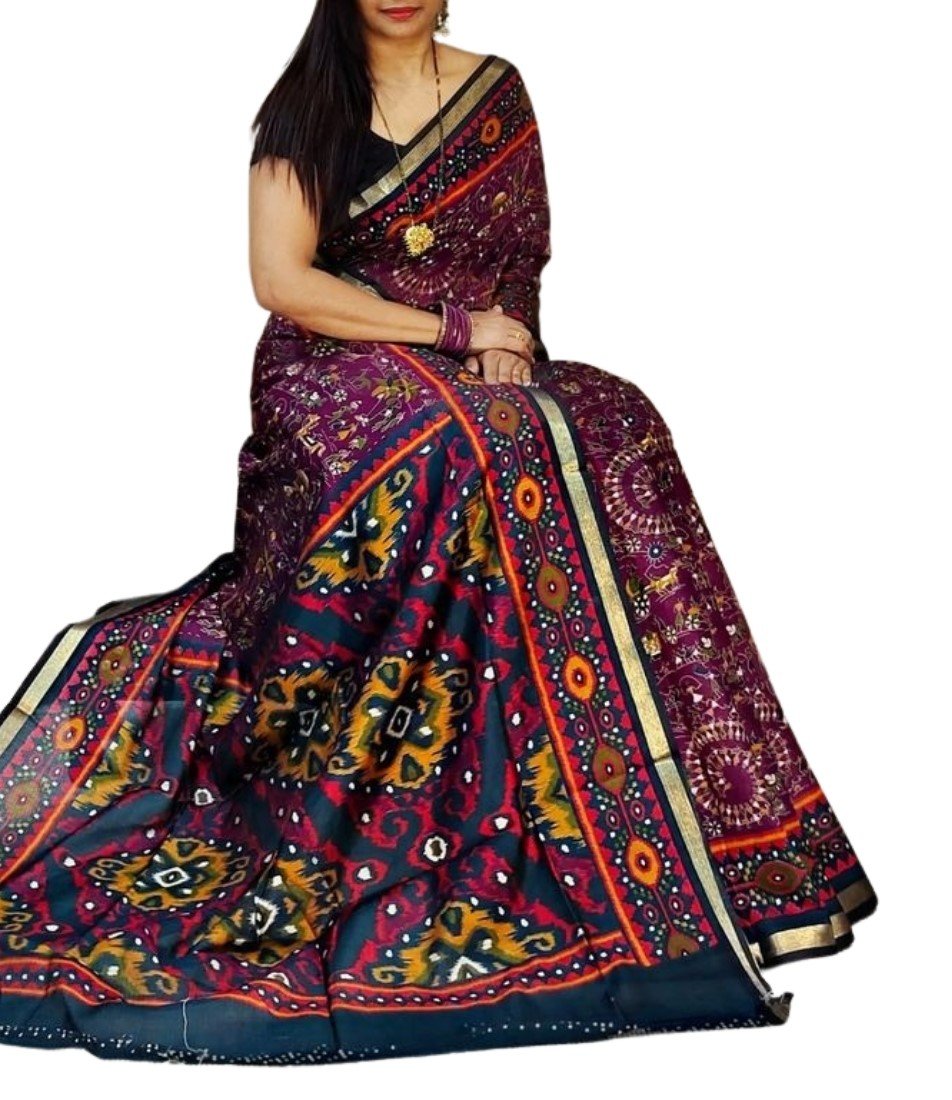 Women's Linen Printed Saree With Unstitched Blouse - 5.5 Mtr (Purple-Navy Blue) - Image 2