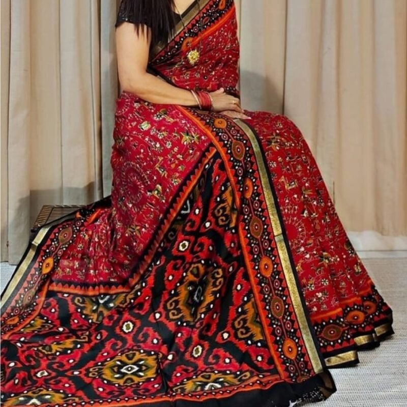 Women's Linen Printed Saree With Unstitched Blouse - 5.5 Mtr (Red-Black)