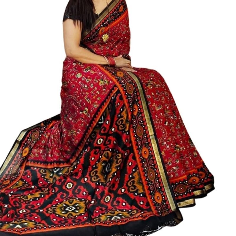Women's Linen Printed Saree With Unstitched Blouse - 5.5 Mtr (Red-Black) - Image 2