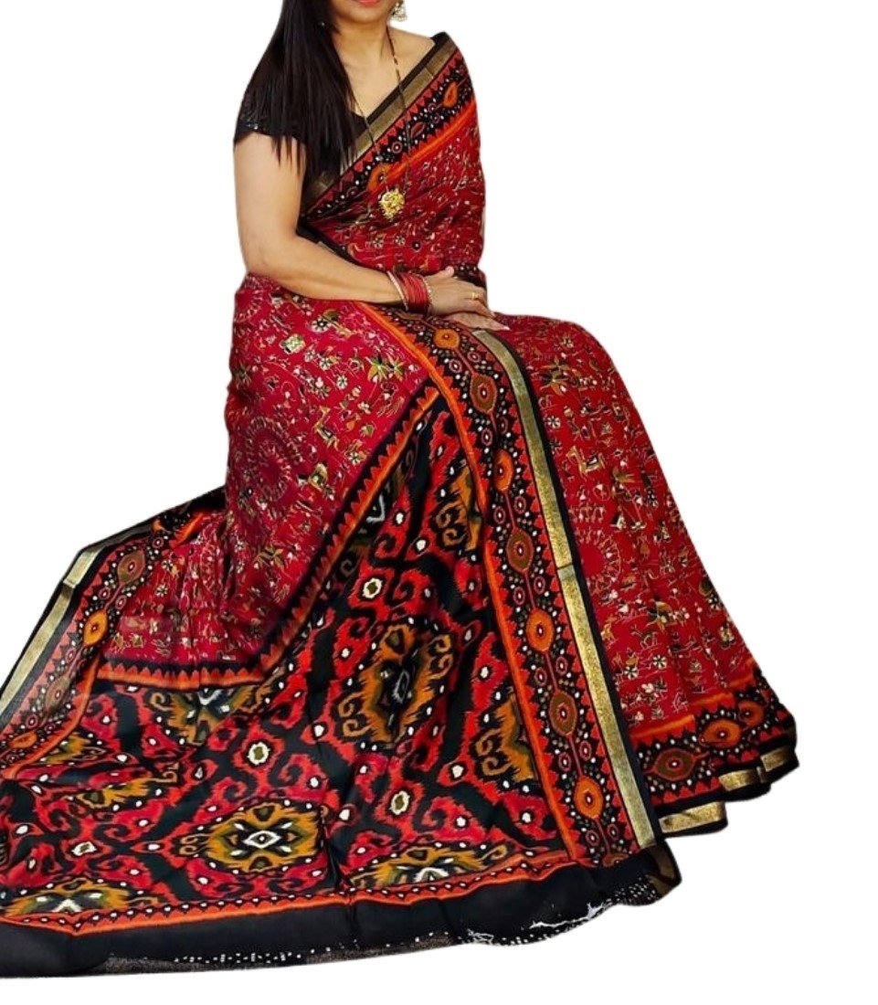 Women's Linen Printed Saree With Unstitched Blouse - 5.5 Mtr (Red-Black) - Image 2