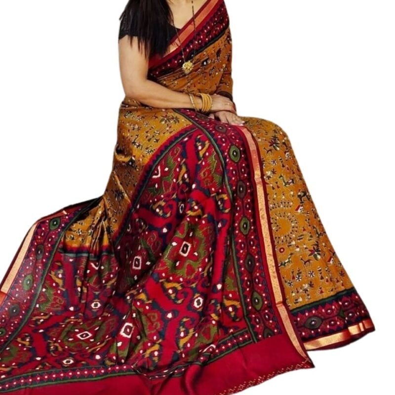 Women's Linen Printed Saree With Unstitched Blouse - 5.5 Mtr (Mustard Yellow-Red) - Image 2