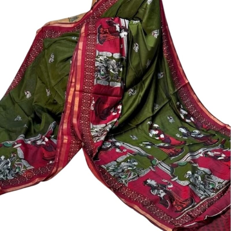 Women's Linen Kalamkari Printed Saree With Unstitched Blouse - 5.5 Mtr (Olive Green-Maroon) - Image 2