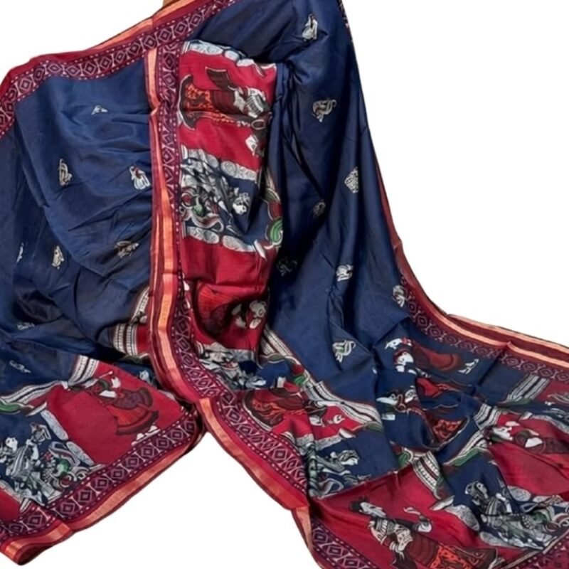 Women's Linen Kalamkari Printed Saree With Unstitched Blouse - 5.5 Mtr (Navy Blue-Maroon) - Image 2