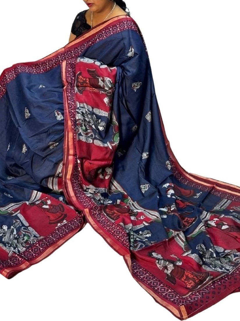 Women's Linen Kalamkari Printed Saree With Unstitched Blouse - 5.5 Mtr (Navy Blue-Maroon) - Image 2