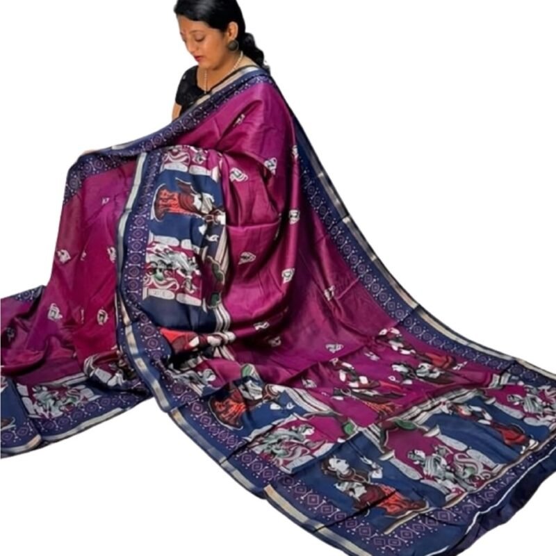 Women's Linen Kalamkari Printed Saree With Unstitched Blouse - 5.5 Mtr (Magenta-Navy Blue) - Image 2