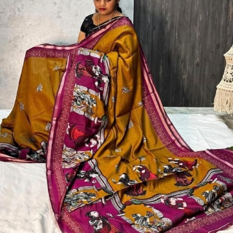 Women's Linen Kalamkari Printed Saree With Unstitched Blouse - 5.5 Mtr (Mustard Yellow-Magenta)