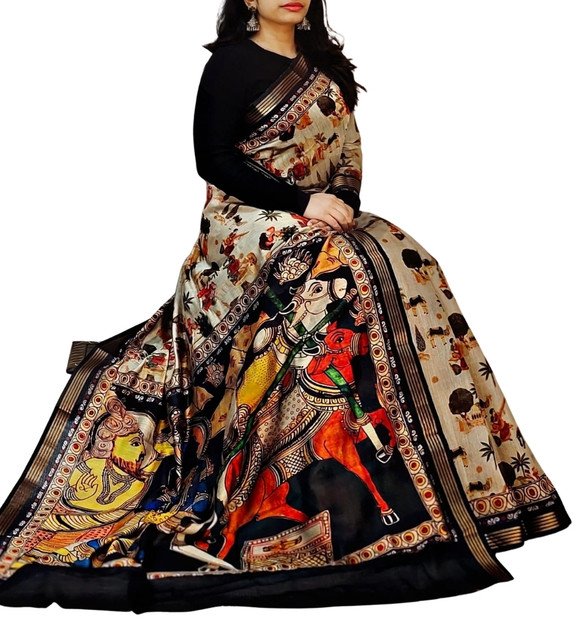 Women's Linen Kalamkari Printed Saree With Unstitched Blouse - 5.5 Mtr (Multicolor) - Image 2