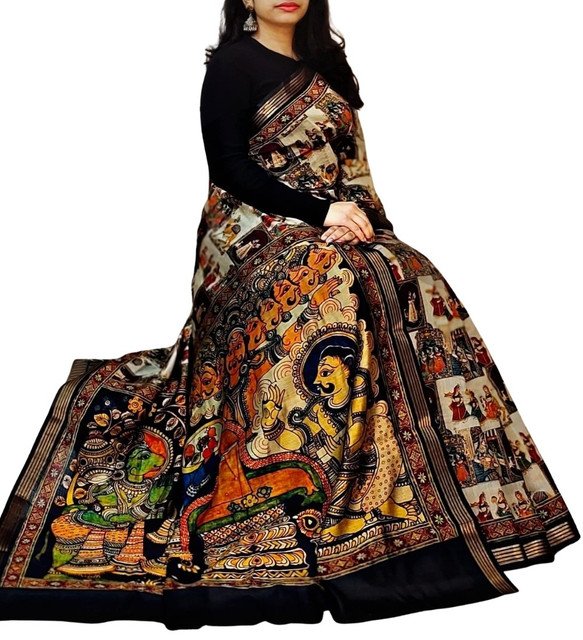 Women's Linen Kalamkari Printed Saree With Unstitched Blouse - 5.5 Mtr (Multicolor) - Image 2