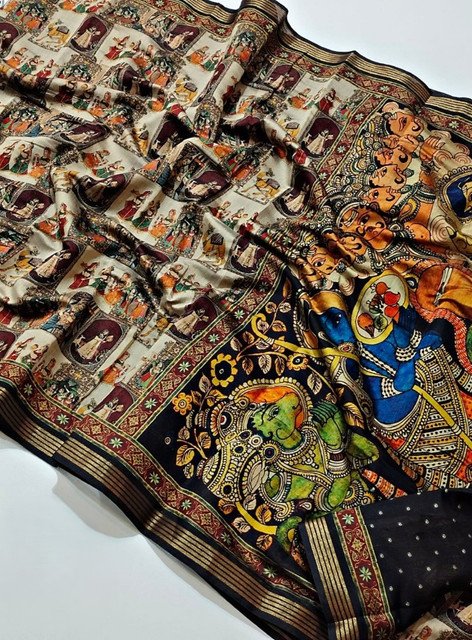 Women's Linen Kalamkari Printed Saree With Unstitched Blouse - 5.5 Mtr (Multicolor) - Image 3