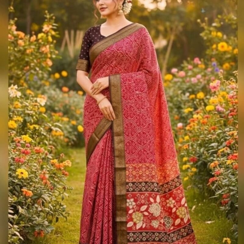 Women's Linen Floral Printed Saree With Unstitched Blouse - 5.5 Mtr (Red)