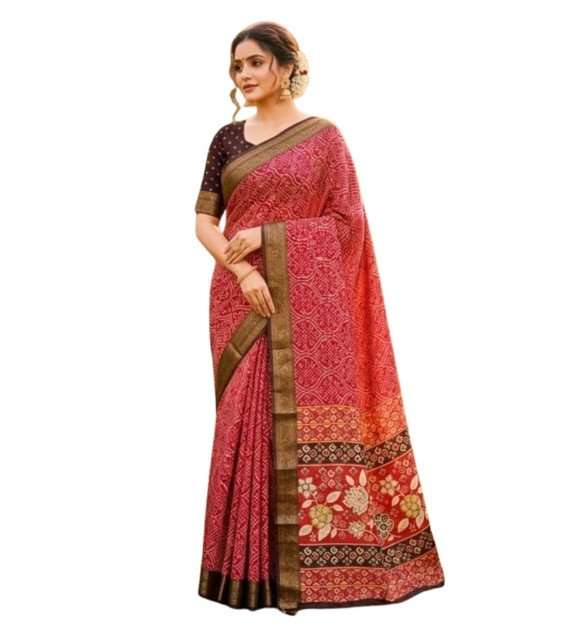 Women's Linen Floral Printed Saree With Unstitched Blouse - 5.5 Mtr (Red) - Image 2