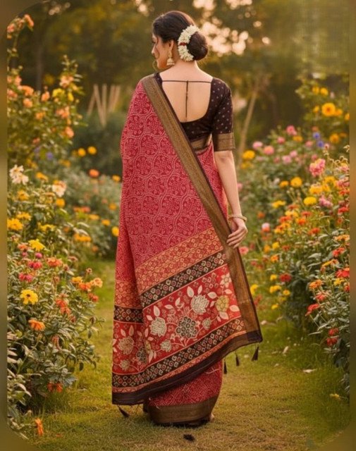 Women's Linen Floral Printed Saree With Unstitched Blouse - 5.5 Mtr (Red) - Image 3