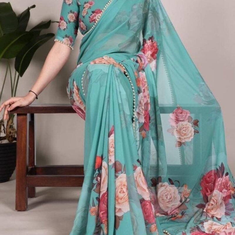 Women's Georgette Floral Printed Saree With Unstitched Blouse - 5.5 Mtr (Aqua Blue)