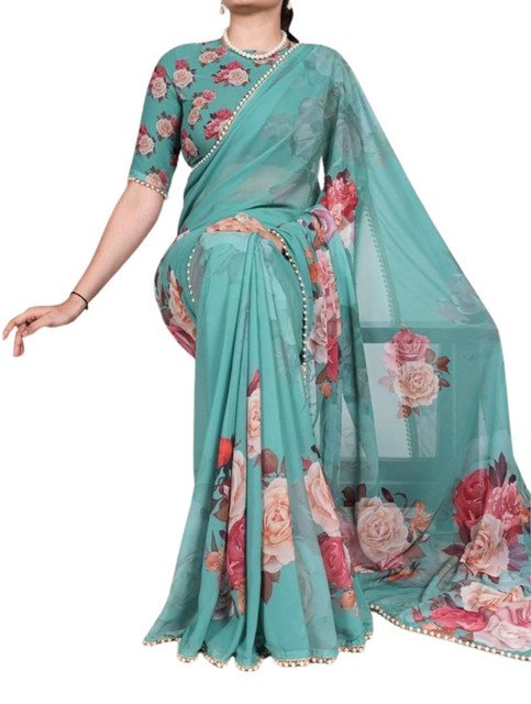 Women's Georgette Floral Printed Saree With Unstitched Blouse - 5.5 Mtr (Aqua Blue) - Image 2