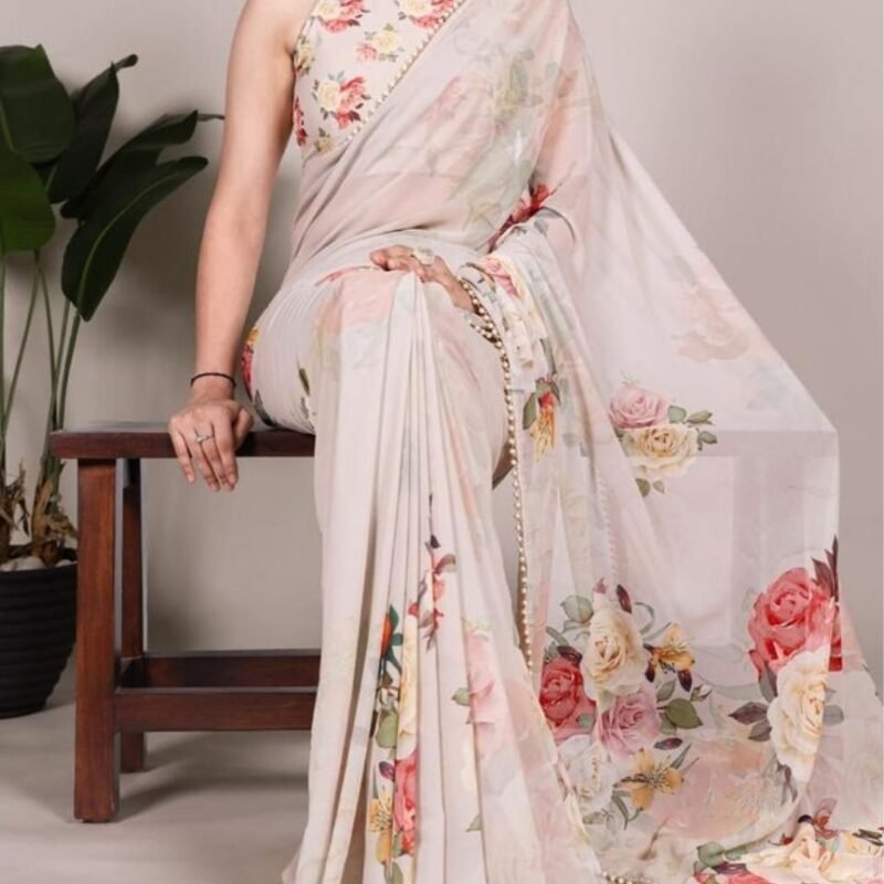 Women's Georgette Floral Printed Saree With Unstitched Blouse - 5.5 Mtr (Beige)