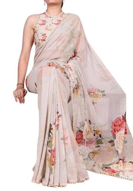Women's Georgette Floral Printed Saree With Unstitched Blouse - 5.5 Mtr (Beige) - Image 2