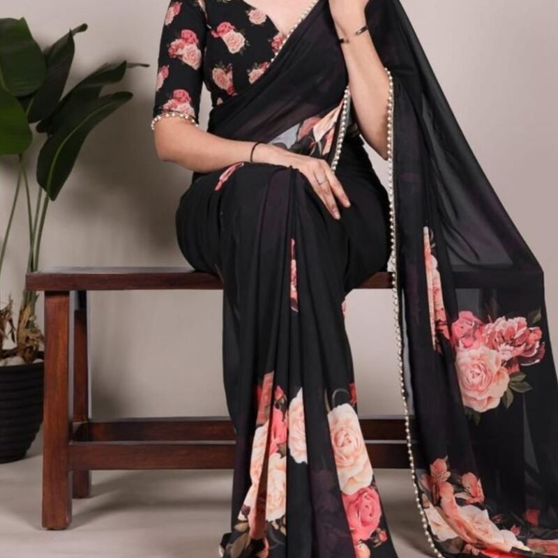 Women's Georgette Floral Printed Saree With Unstitched Blouse - 5.5 Mtr (Black)