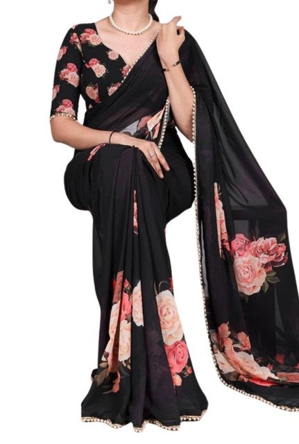 Women's Georgette Floral Printed Saree With Unstitched Blouse - 5.5 Mtr (Black) - Image 2