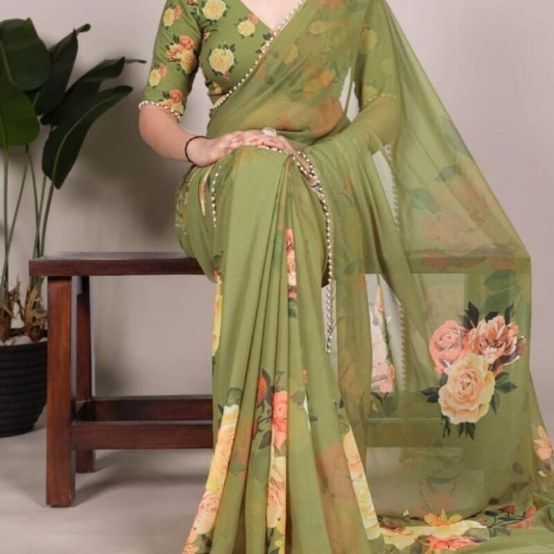 Women's Georgette Floral Printed Saree With Unstitched Blouse - 5.5 Mtr (Green)