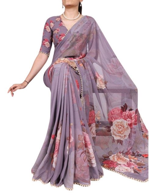 Women's Georgette Floral Printed Saree With Unstitched Blouse - 5.5 Mtr (Lavender) - Image 2
