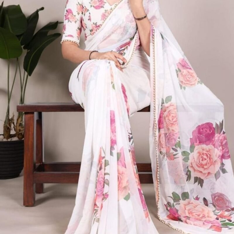 Women's Georgette Floral Printed Saree With Unstitched Blouse - 5.5 Mtr (White)