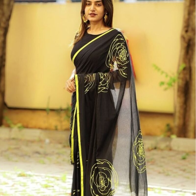 Women's Linen Floral Printed Saree With Unstitched Blouse - 5.5 Mtr (Black)