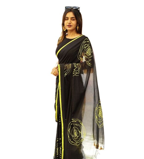Women's Linen Floral Printed Saree With Unstitched Blouse - 5.5 Mtr (Black) - Image 2