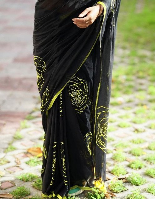 Women's Linen Floral Printed Saree With Unstitched Blouse - 5.5 Mtr (Black) - Image 4