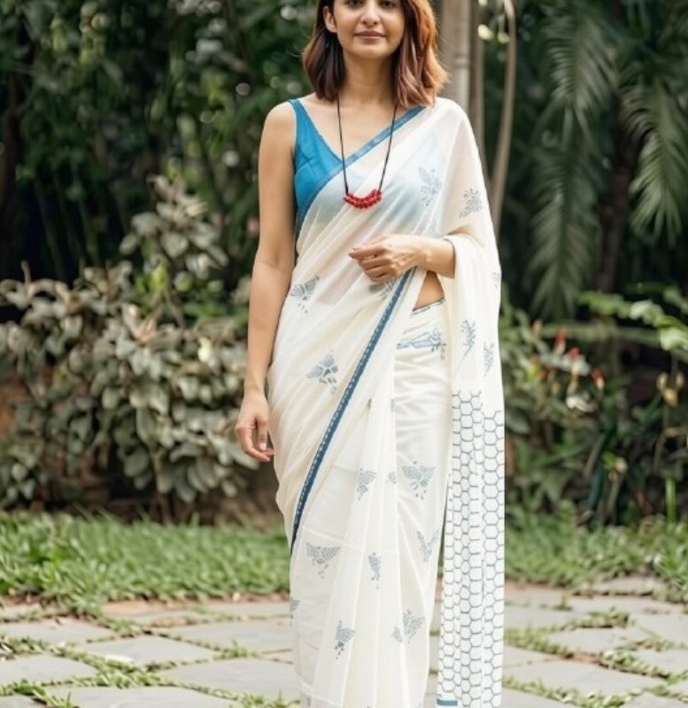 Women's Linen Printed Saree With Unstitched Blouse - 5.5 Mtr (White-Blue)
