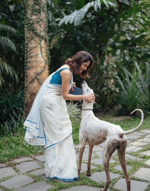 Women's Linen Printed Saree With Unstitched Blouse - 5.5 Mtr (White-Blue) - Image 4