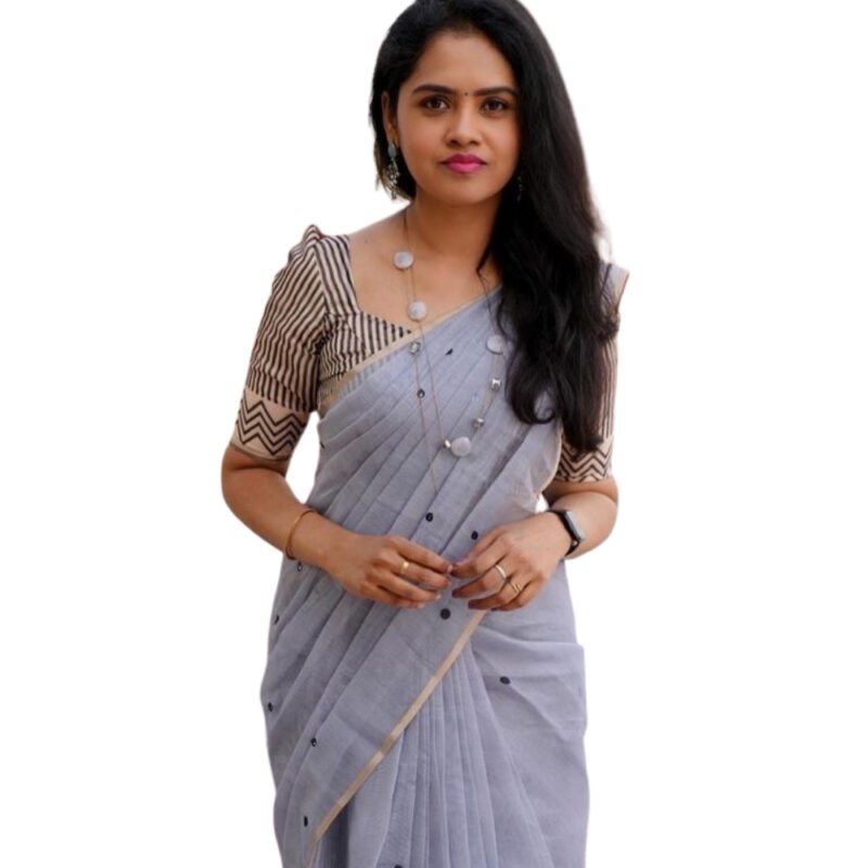 Women's Linen Striped Saree With Unstitched Blouse - 5.5 Mtr (Grey) - Image 2