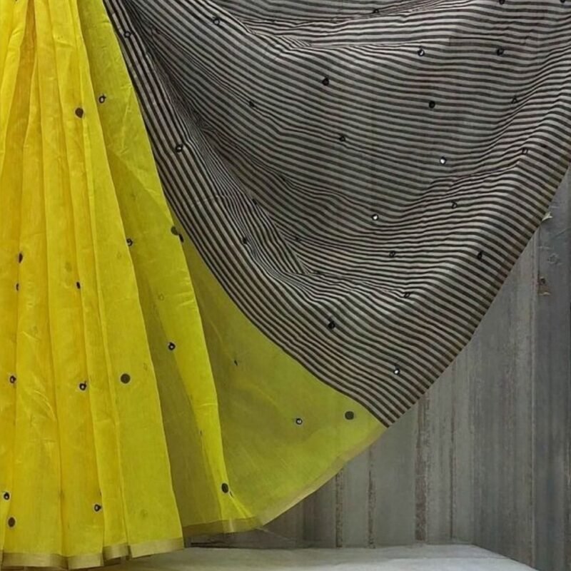 Women's Linen Striped Saree With Unstitched Blouse - 5.5 Mtr (Lemon Yellow)