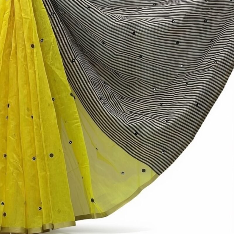 Women's Linen Striped Saree With Unstitched Blouse - 5.5 Mtr (Lemon Yellow) - Image 2