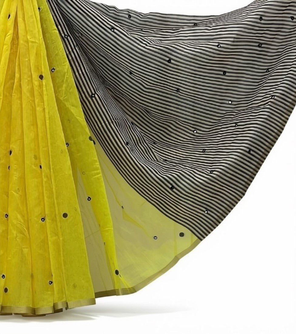 Women's Linen Striped Saree With Unstitched Blouse - 5.5 Mtr (Lemon Yellow) - Image 2