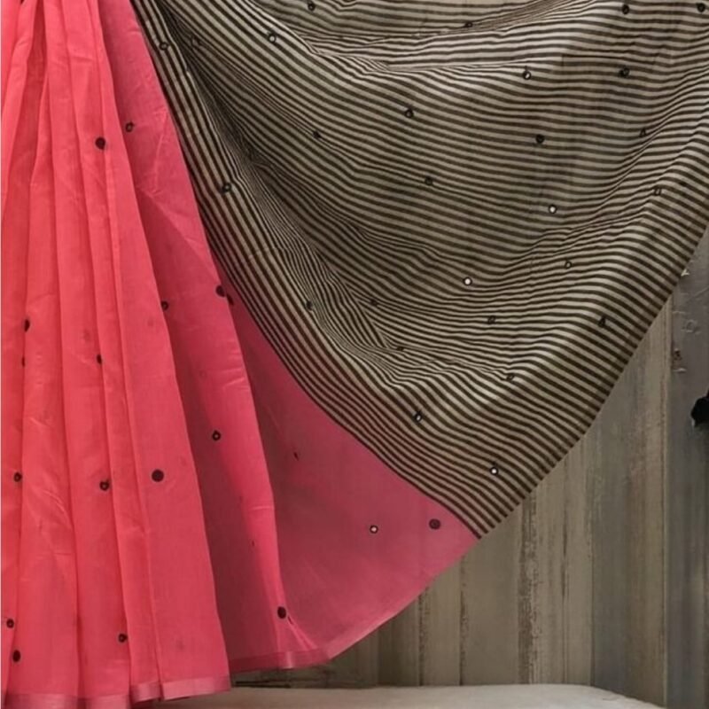 Women's Linen Striped Saree With Unstitched Blouse - 5.5 Mtr (Pink)