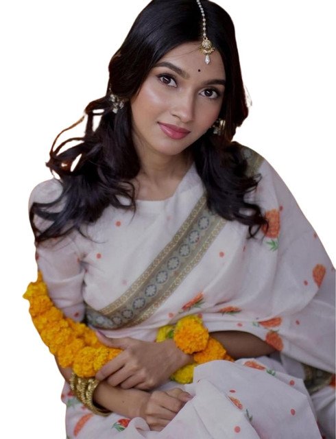 Women's Linen Floral Printed Saree With Unstitched Blouse - 5.5 Mtr (White-Orange) - Image 2