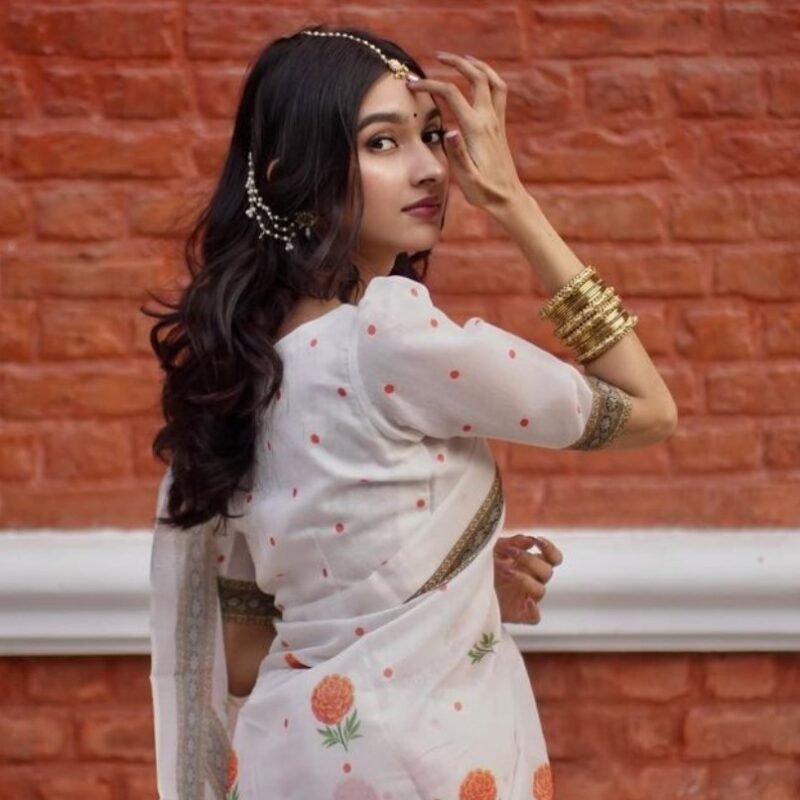 Women's Linen Floral Printed Saree With Unstitched Blouse - 5.5 Mtr (White-Orange) - Image 4