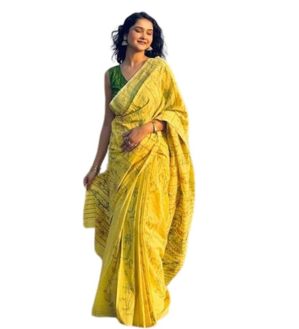 Women's Linen Floral Printed Saree With Unstitched Blouse - 5.5 Mtr (Yellow) - Image 2