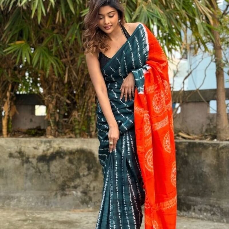 Women's Linen Printed Saree With Unstitched Blouse - 5.5 Mtr (Teal-Orange)