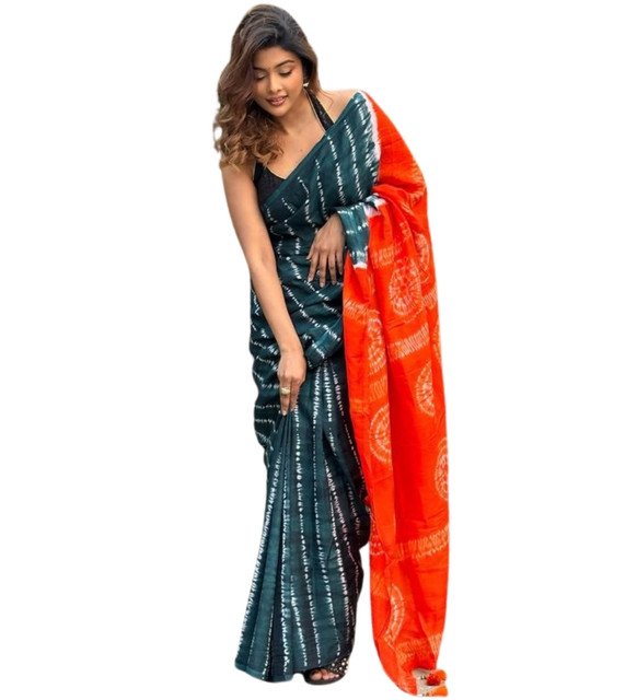 Women's Linen Printed Saree With Unstitched Blouse - 5.5 Mtr (Teal-Orange) - Image 2