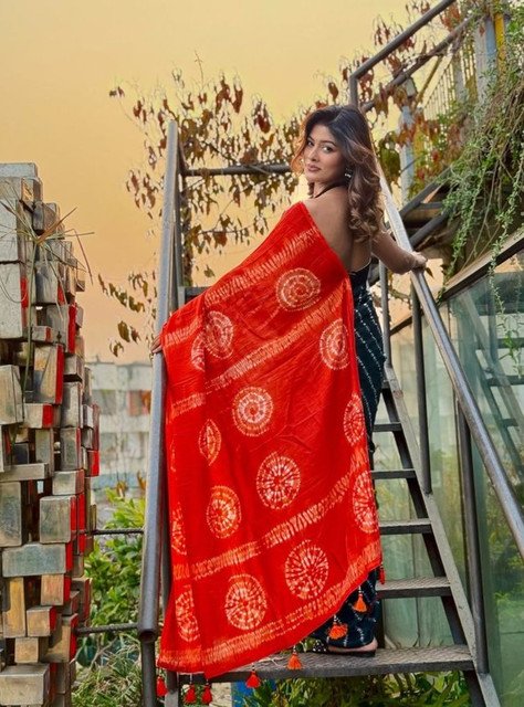 Women's Linen Printed Saree With Unstitched Blouse - 5.5 Mtr (Teal-Orange) - Image 3