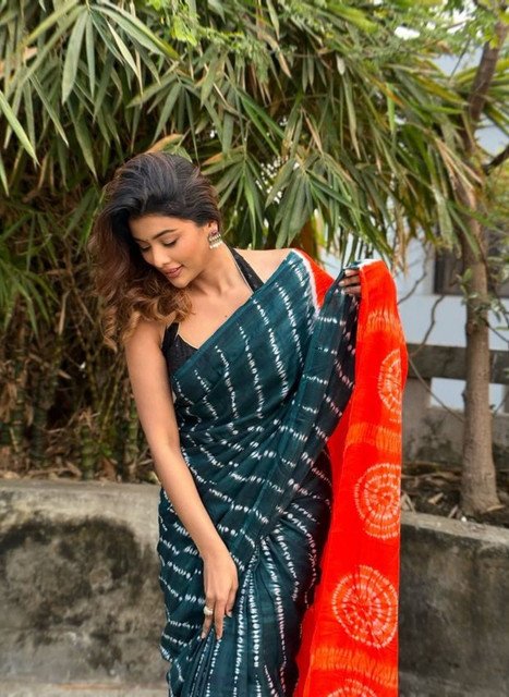 Women's Linen Printed Saree With Unstitched Blouse - 5.5 Mtr (Teal-Orange) - Image 4
