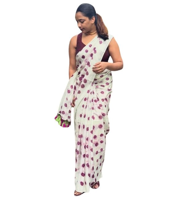 Women's Linen Printed Saree With Unstitched Blouse - 5.5 Mtr (White-Wine) - Image 2