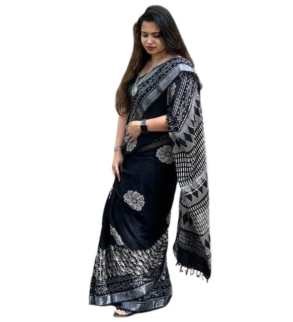 Women's Linen Floral Printed Saree With Unstitched Blouse - 5.5 Mtr (Black) - Image 2