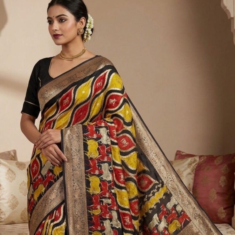 Women's Art Silk Kalamkari Printed Saree With Unstitched Blouse - 5.5 Mtr (Multicolor)