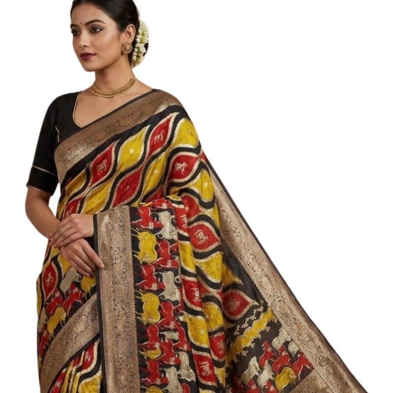 Women's Art Silk Kalamkari Printed Saree With Unstitched Blouse - 5.5 Mtr (Multicolor) - Image 2