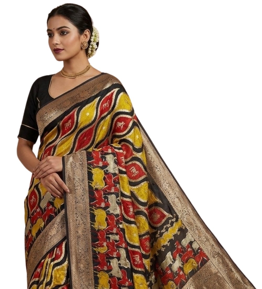 Women's Art Silk Kalamkari Printed Saree With Unstitched Blouse - 5.5 Mtr (Multicolor) - Image 2