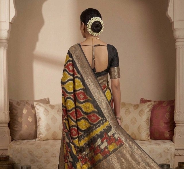 Women's Art Silk Kalamkari Printed Saree With Unstitched Blouse - 5.5 Mtr (Multicolor) - Image 3