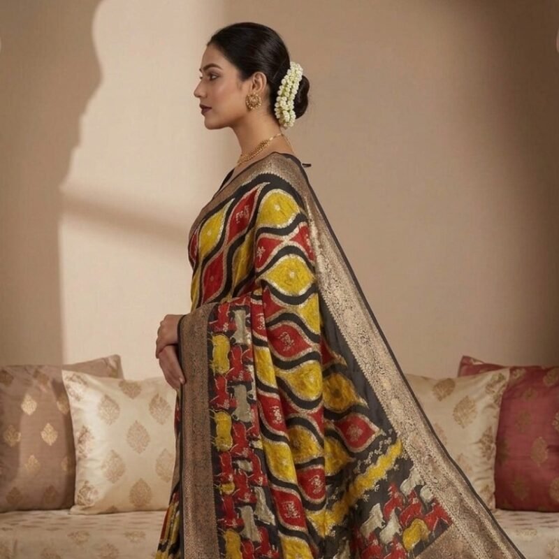 Women's Art Silk Kalamkari Printed Saree With Unstitched Blouse - 5.5 Mtr (Multicolor) - Image 4